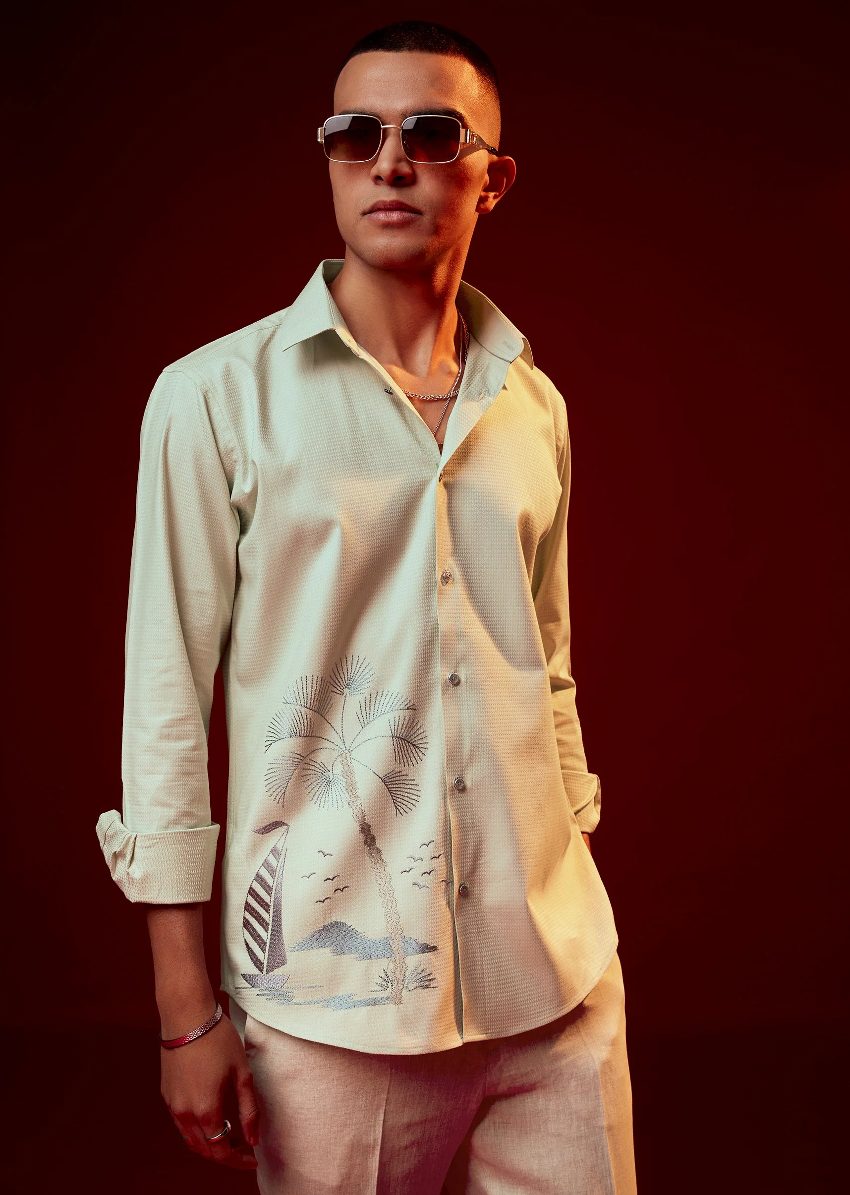 Pista Green Embroidered Mandarin Collar Shirt