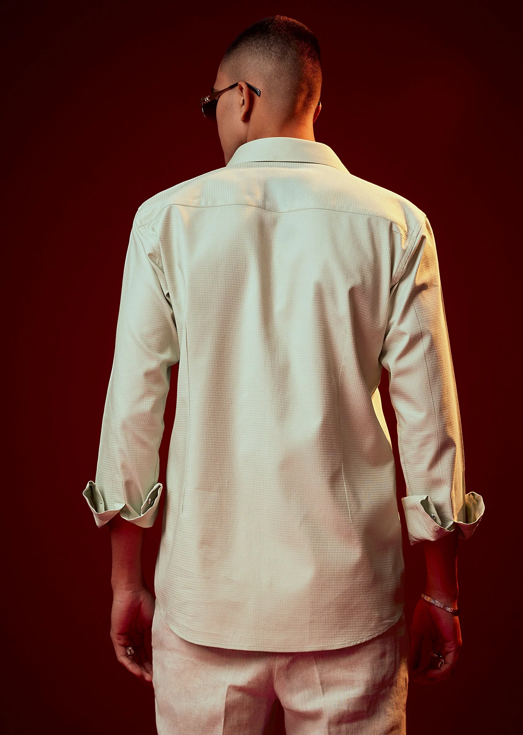 Pista Green Embroidered Mandarin Collar Shirt