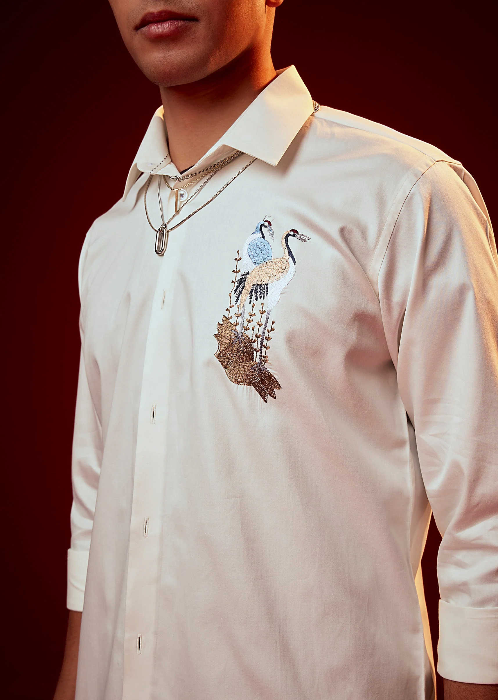 Cream Embroidered Mandarin Collar Shirt