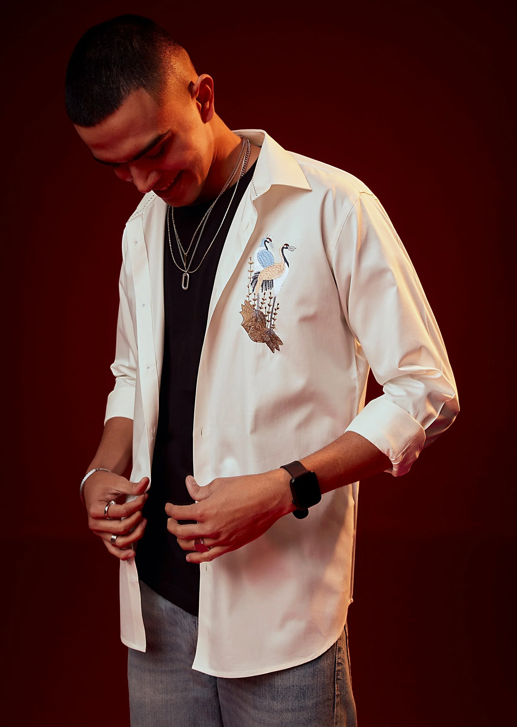 Cream Embroidered Mandarin Collar Shirt