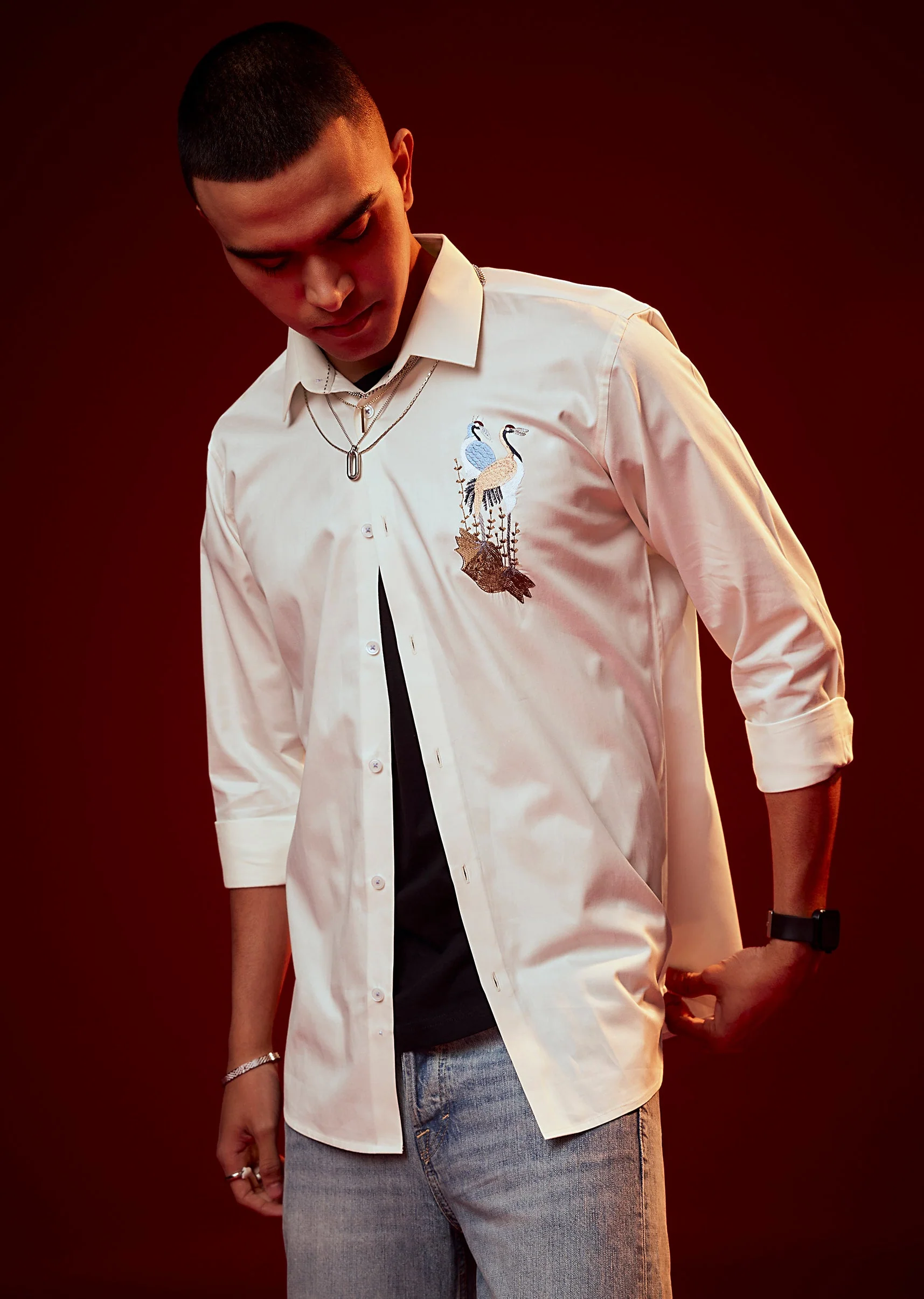 Cream Embroidered Mandarin Collar Shirt