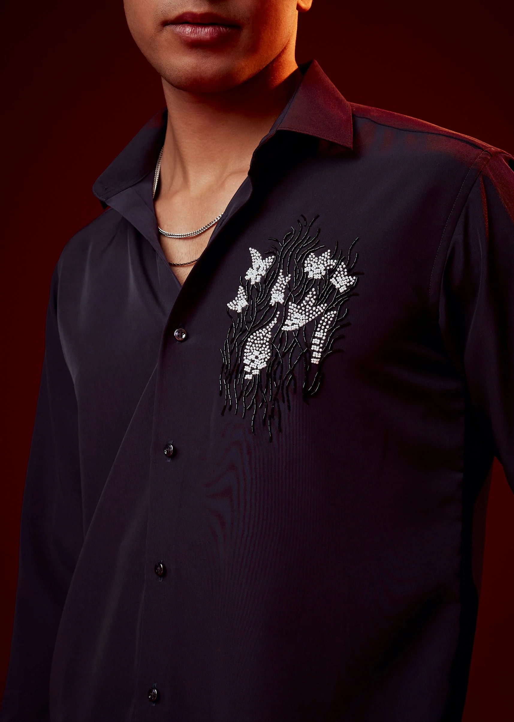 Purple Embellished Mandarin Collar Shirt