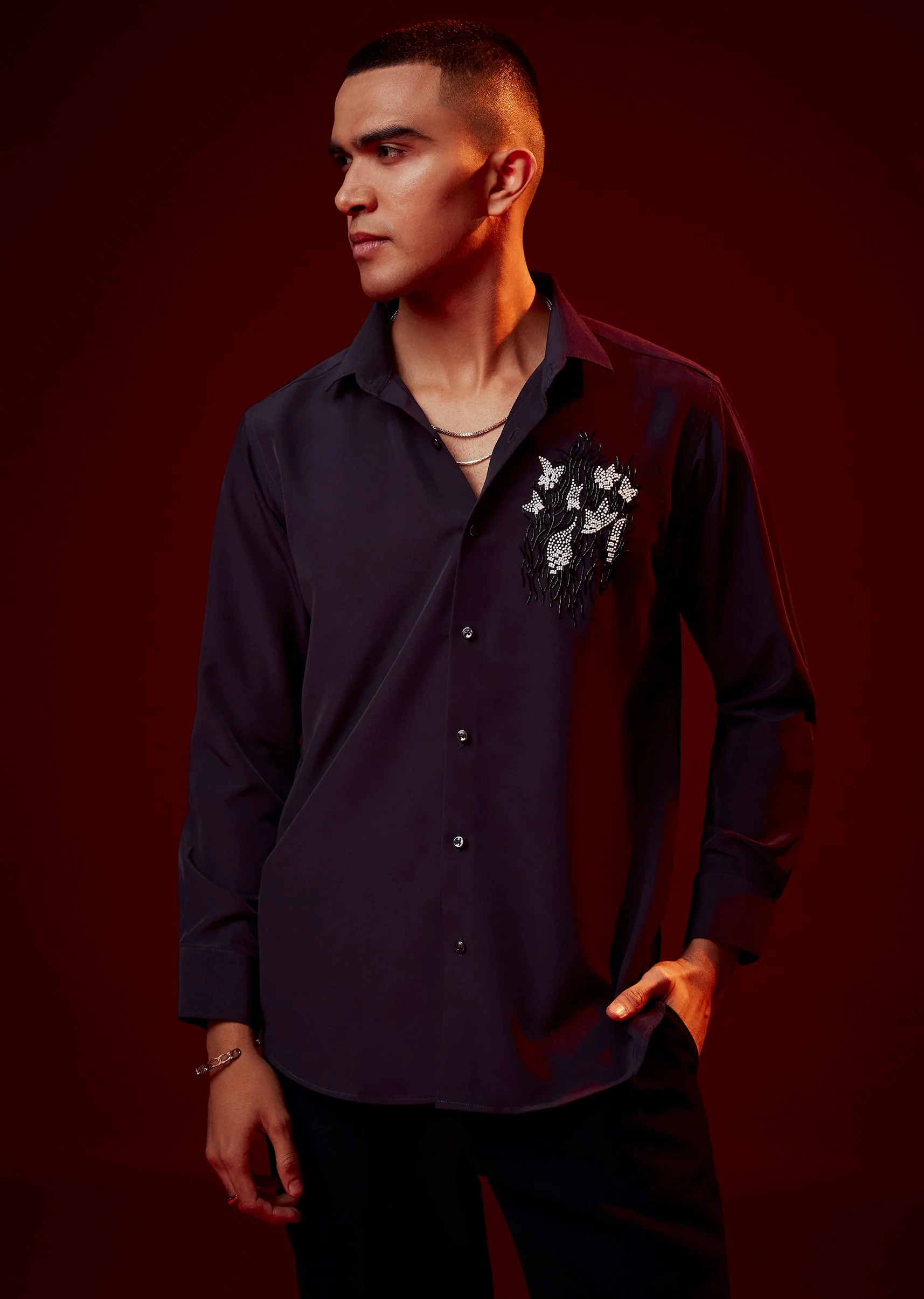 Purple Embellished Mandarin Collar Shirt