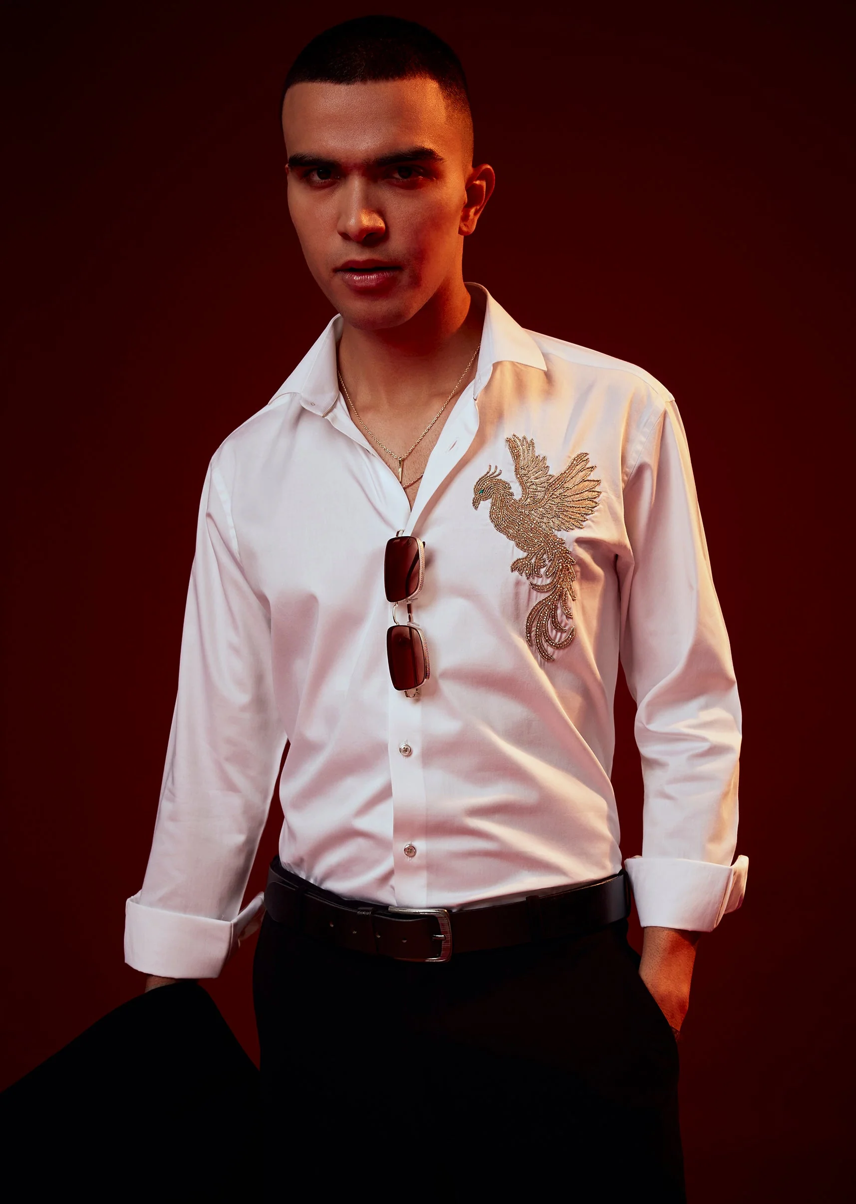 White Embroidered Silk Blend Festive Shirt