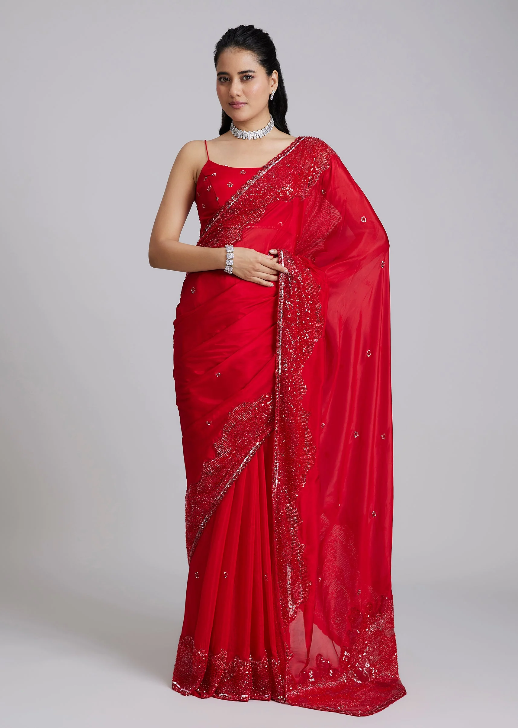 7022-red-tissue-saree-with-heavy-border-1.webp Red Tissue Saree With Heavy Border