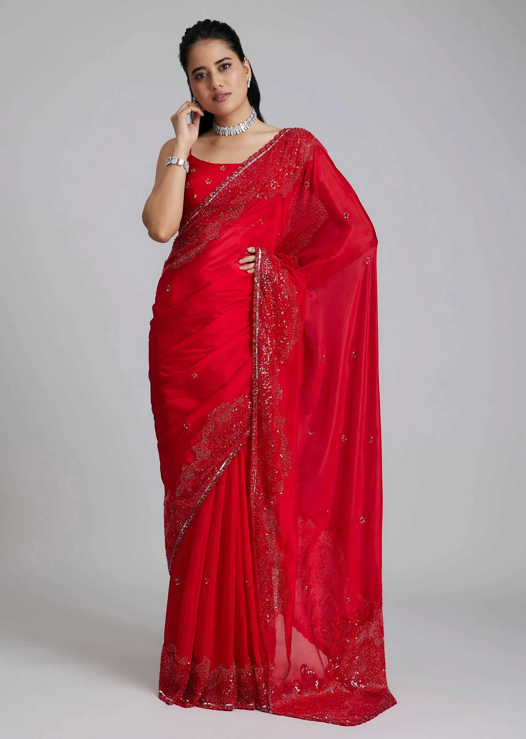 Red Tissue Saree With Heavy Border