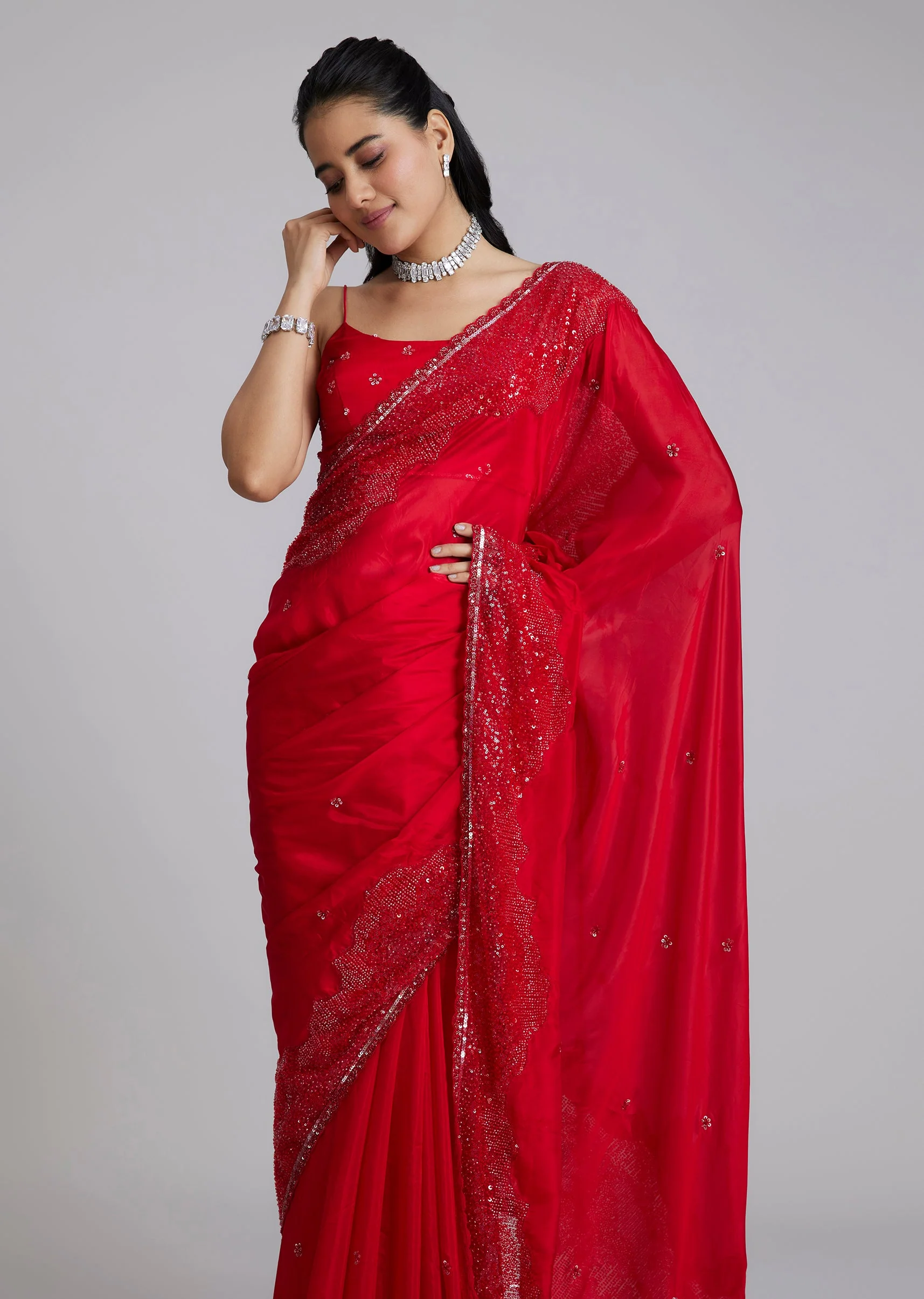 Red Tissue Saree With Heavy Border