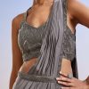 Grey Embroidered Ready Pleated Saree With Blouse And Belt