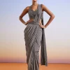 Grey Embroidered Ready Pleated Saree With Blouse And Belt