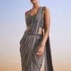 Grey Embroidered Ready Pleated Saree With Blouse And Belt