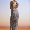 Grey Embroidered Ready Pleated Saree With Blouse And Belt