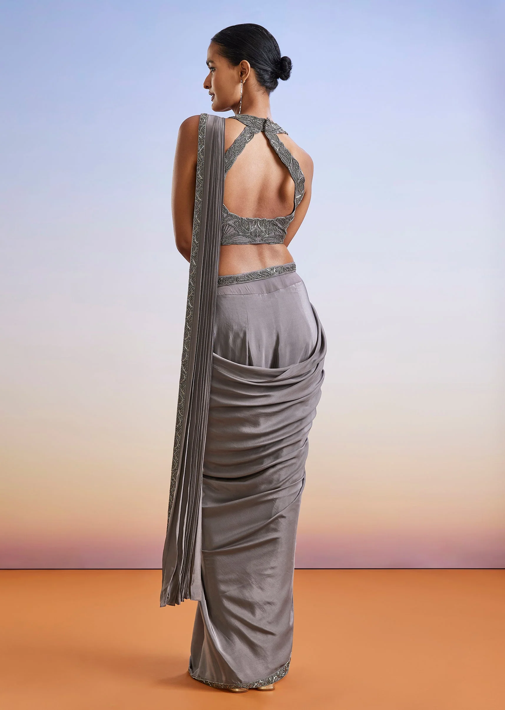 Grey Embroidered Ready Pleated Saree With Blouse And Belt