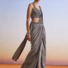 Grey Embroidered Ready Pleated Saree With Blouse And Belt