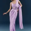 Purple Crepe Ready Pleated Saree With Heavy Embroidery