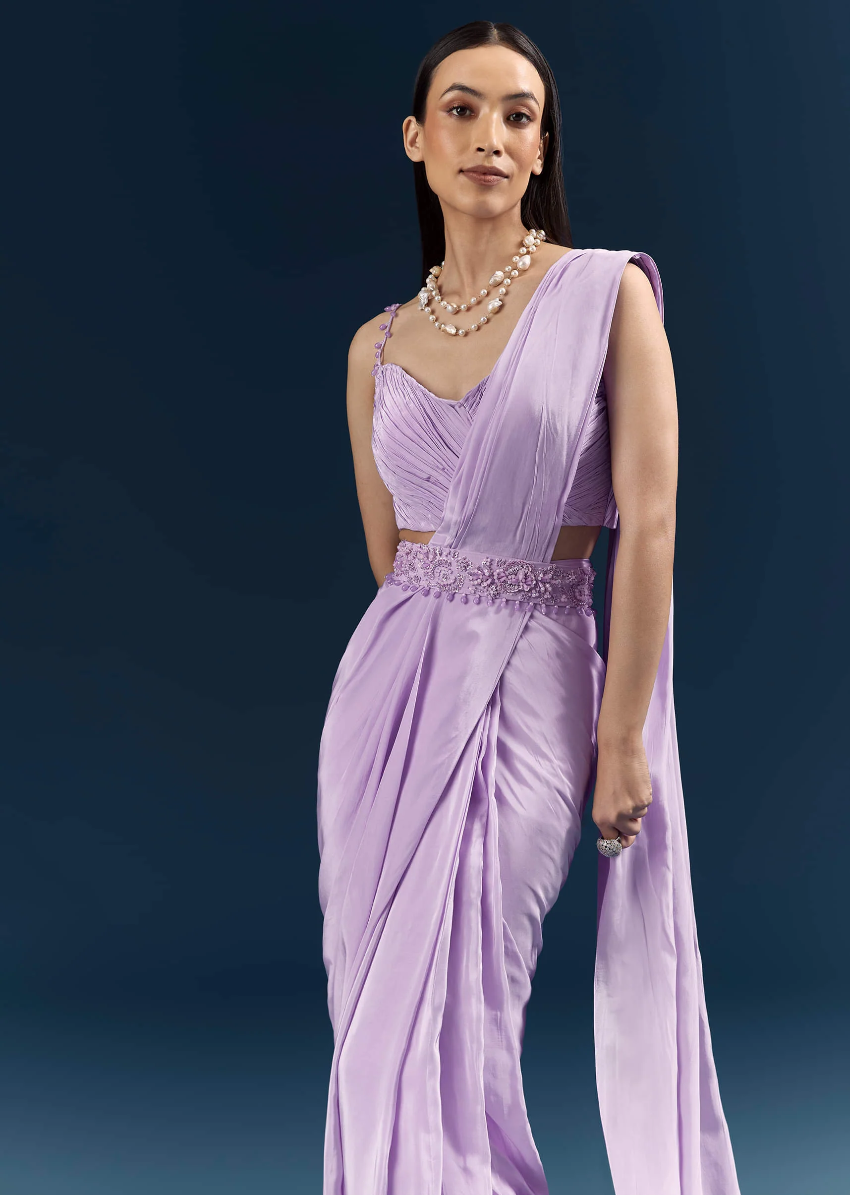 Purple Crepe Ready Pleated Saree With Heavy Embroidery