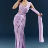 Purple Crepe Ready Pleated Saree With Heavy Embroidery