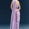 Purple Crepe Ready Pleated Saree With Heavy Embroidery