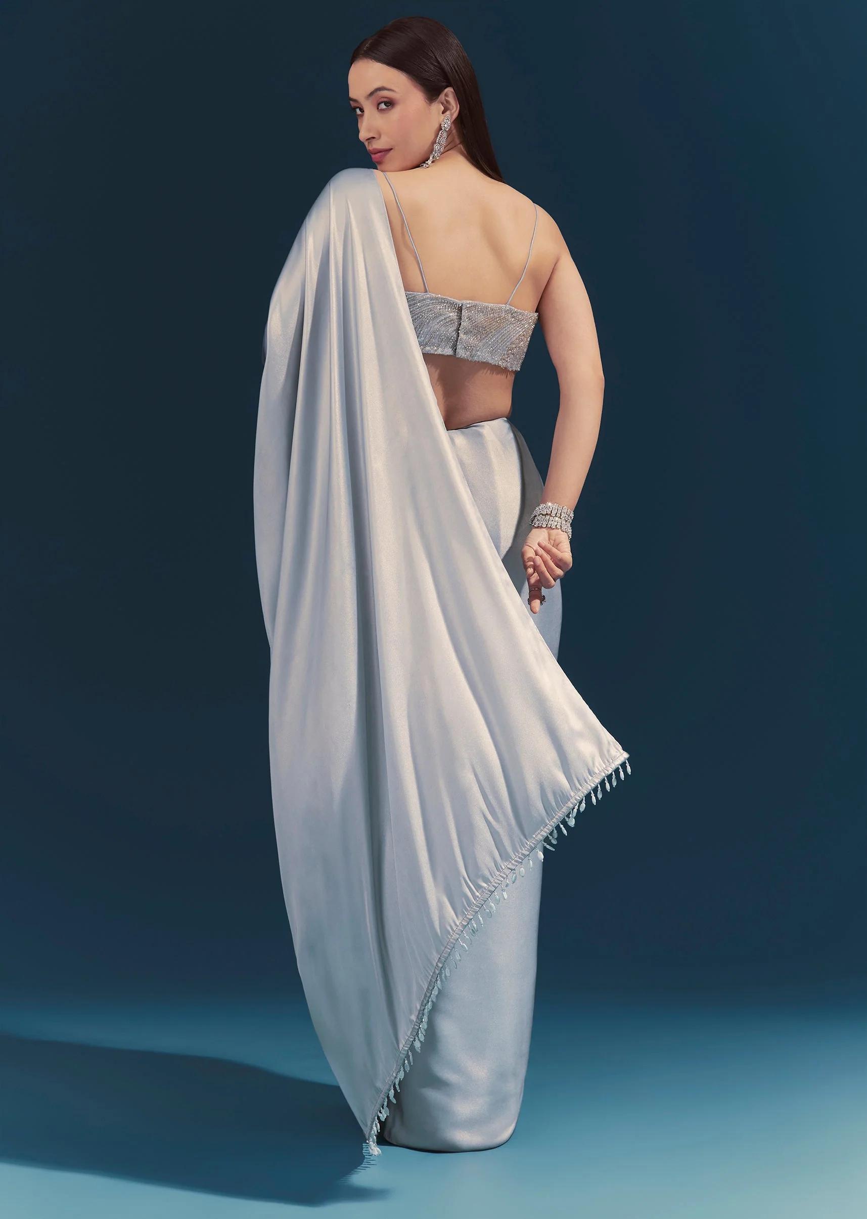 Light Blue Corset Blouse With Unstitched Saree