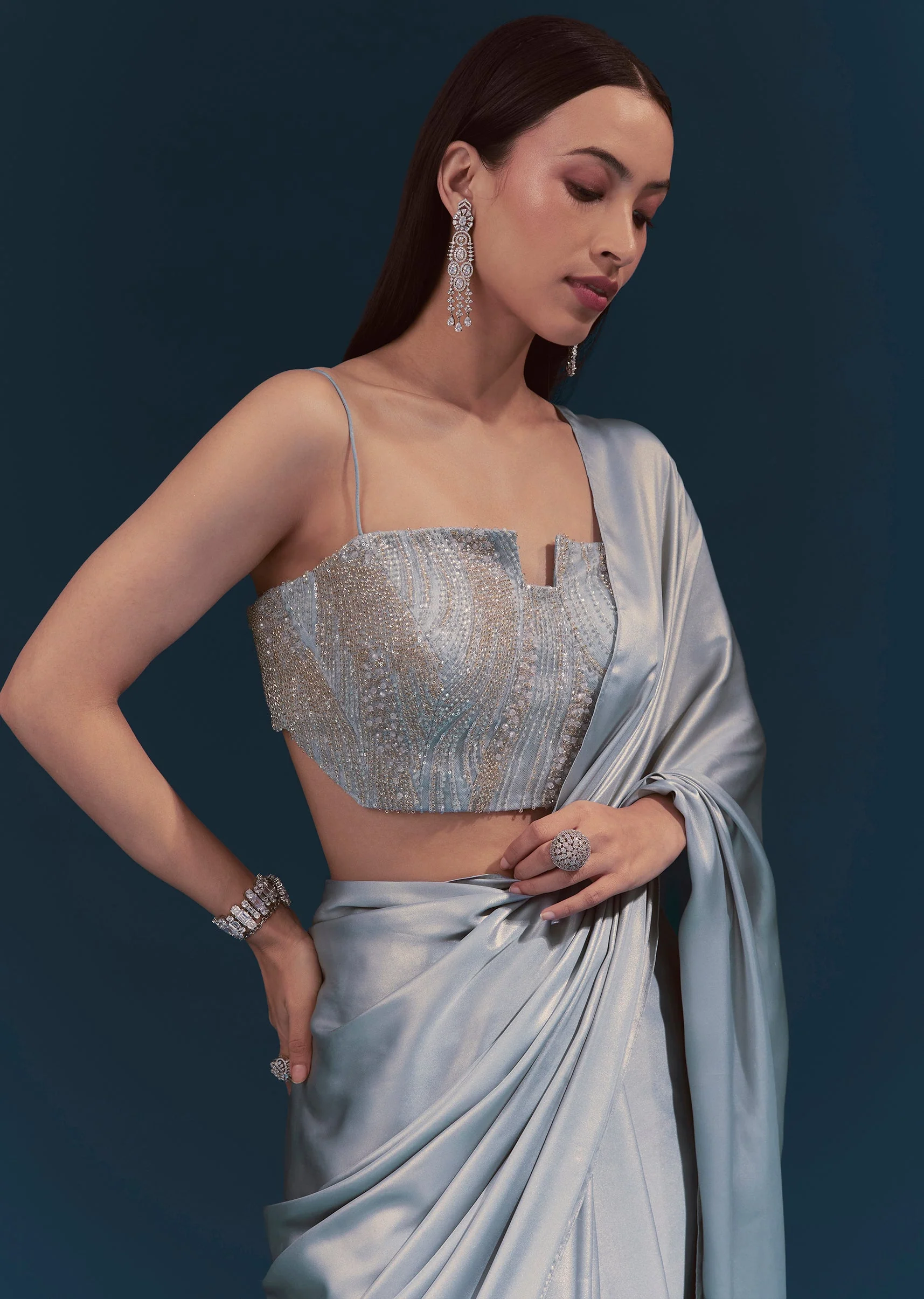 Light Blue Corset Blouse With Unstitched Saree