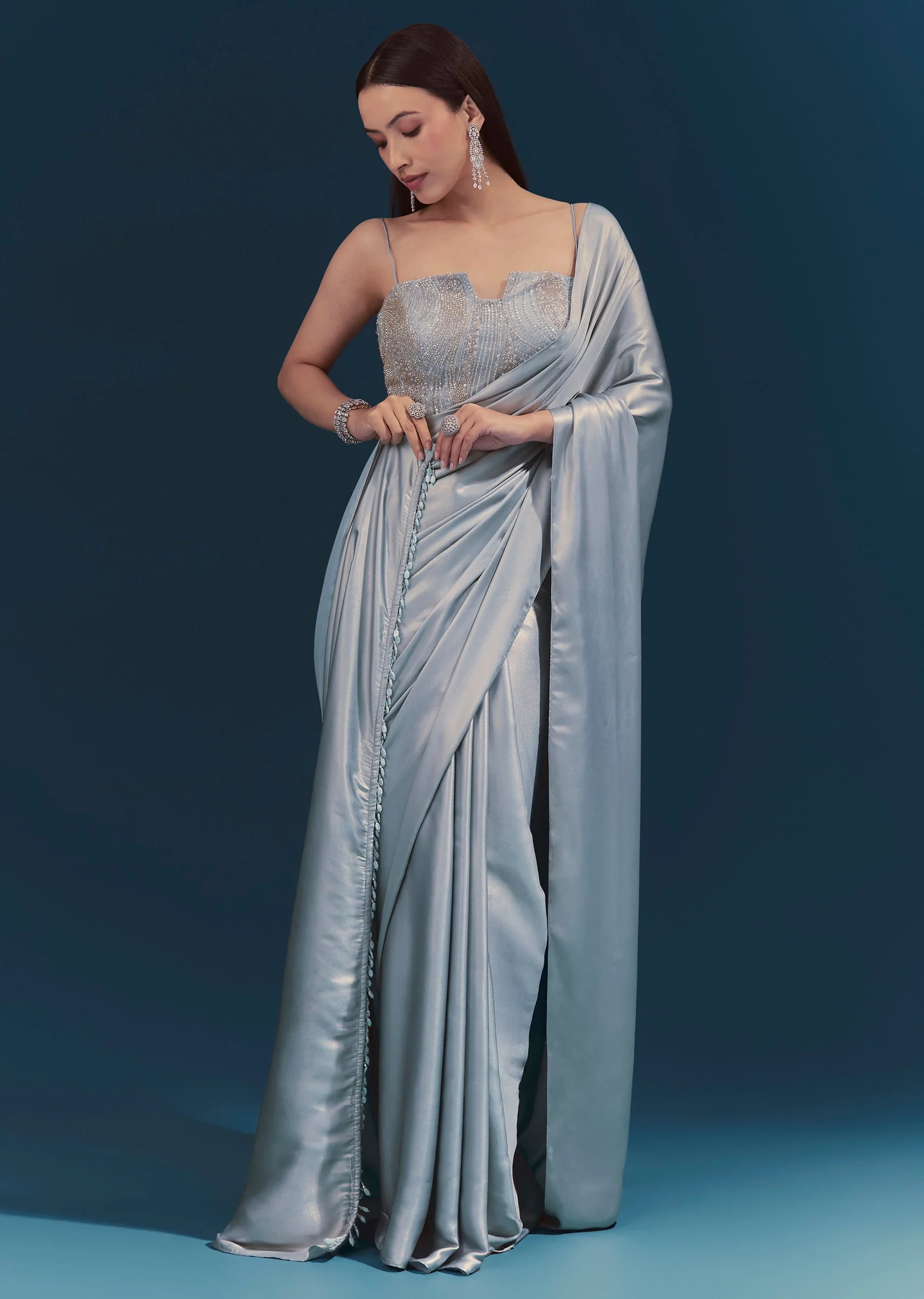 Light Blue Corset Blouse With Unstitched Saree