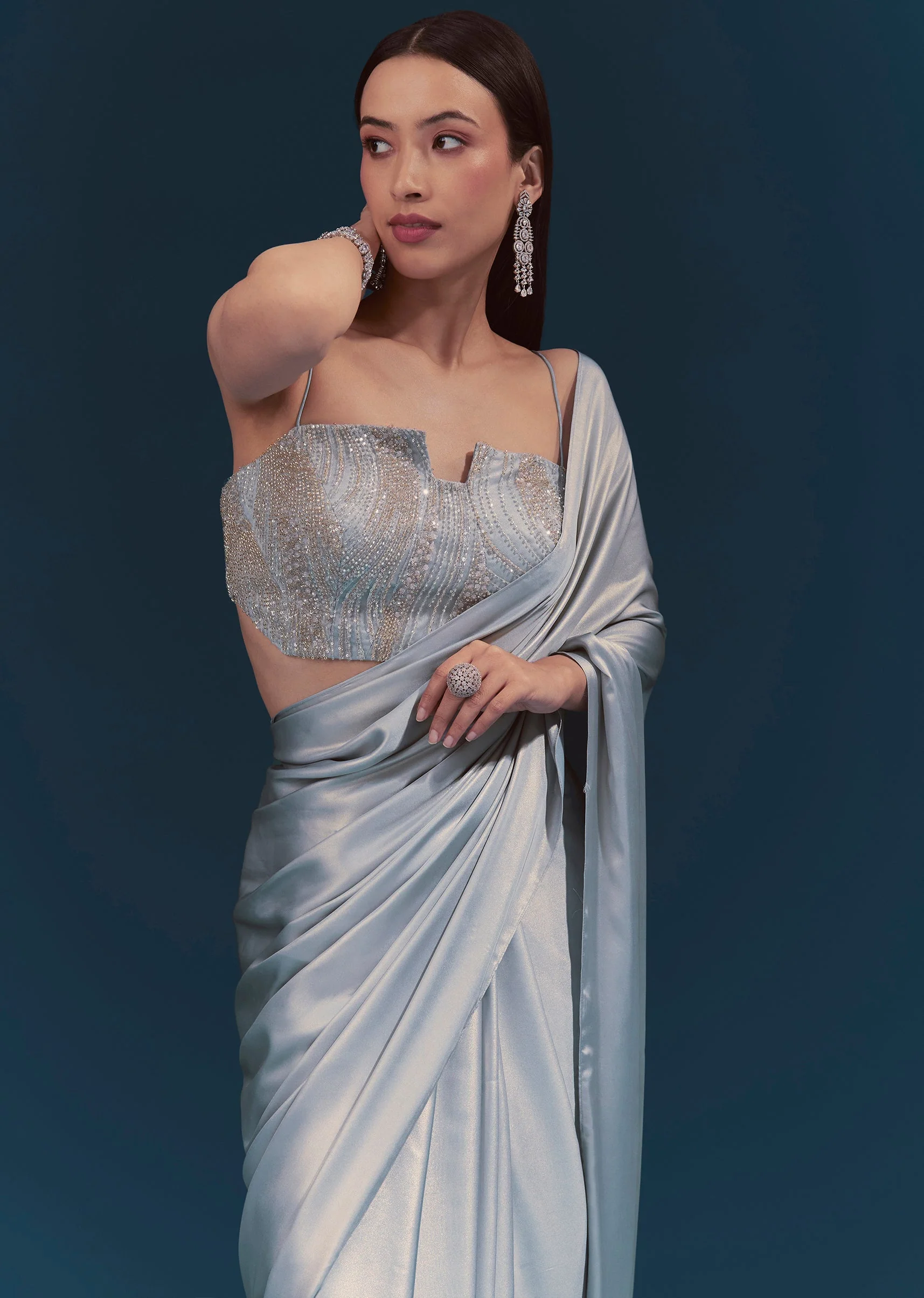 Light Blue Corset Blouse With Unstitched Saree