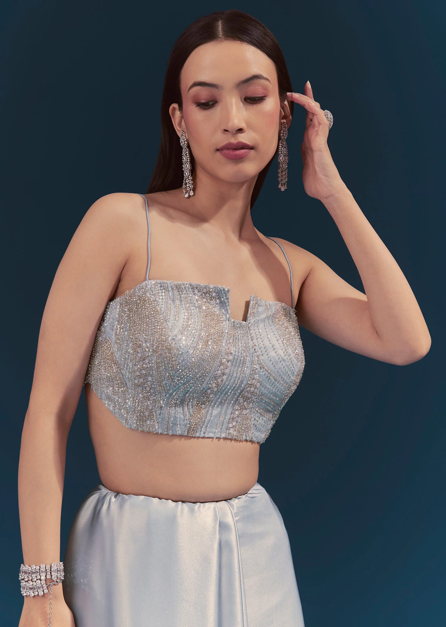 Light Blue Corset Blouse With Unstitched Saree