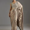 Beige Rose Gold Chiffon Saree With Embellished Border