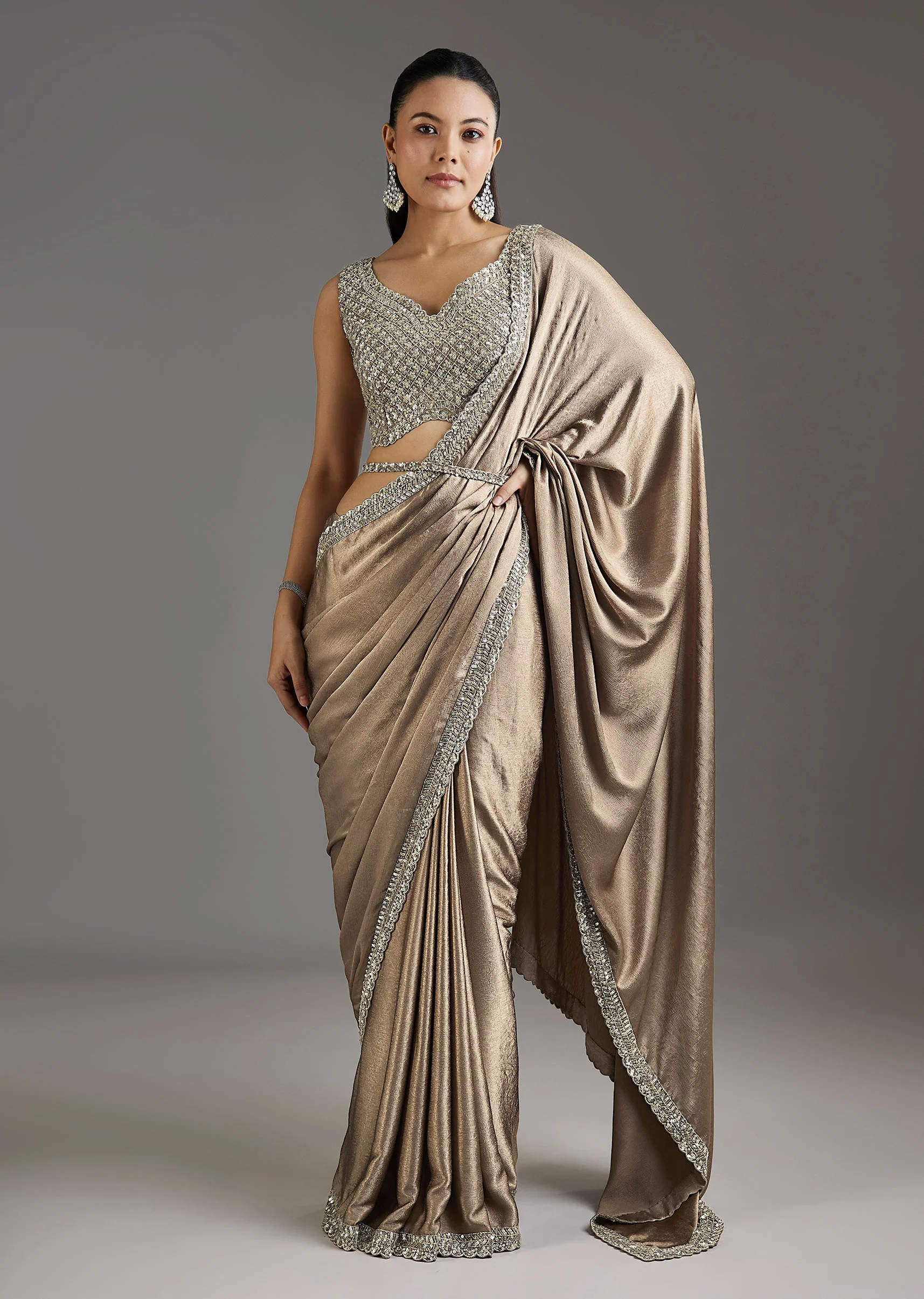 Beige Rose Gold Chiffon Saree With Embellished Border