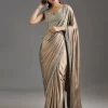 Beige Rose Gold Chiffon Saree With Embellished Border
