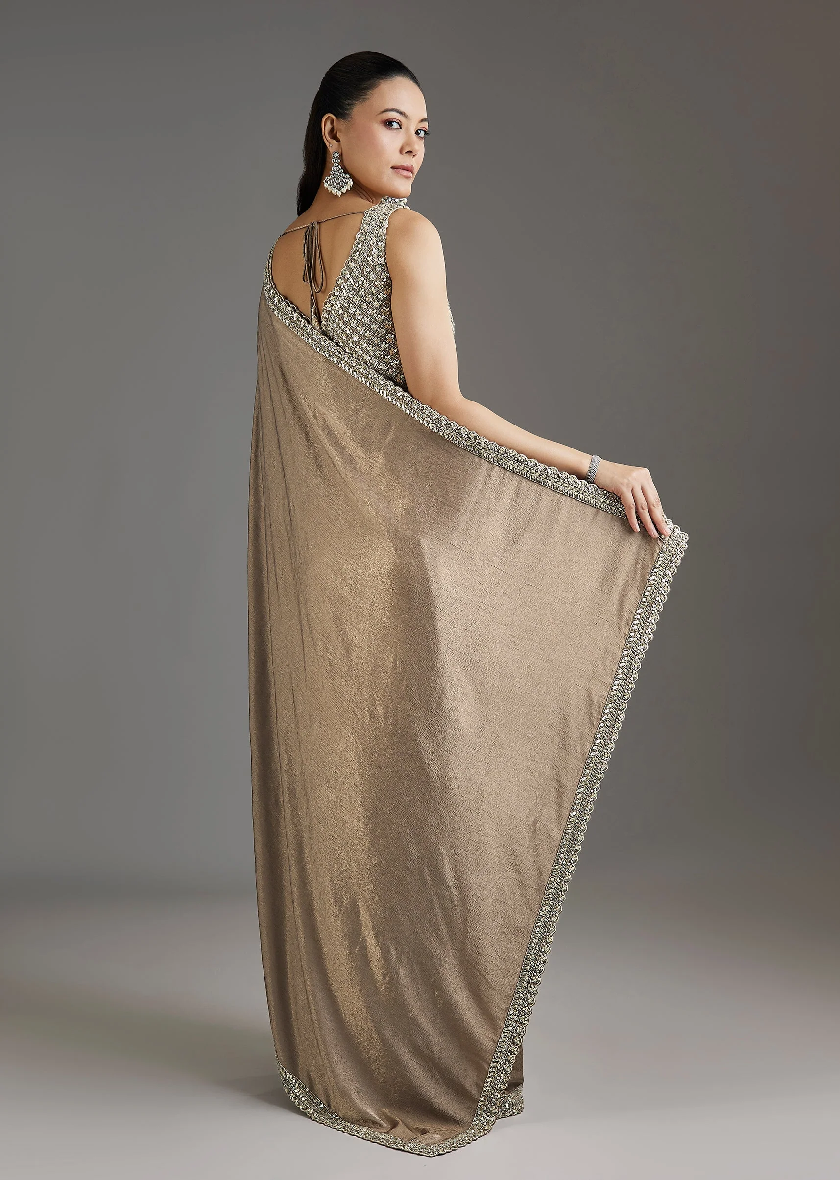 Beige Rose Gold Chiffon Saree With Embellished Border
