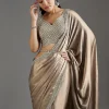 Beige Rose Gold Chiffon Saree With Embellished Border
