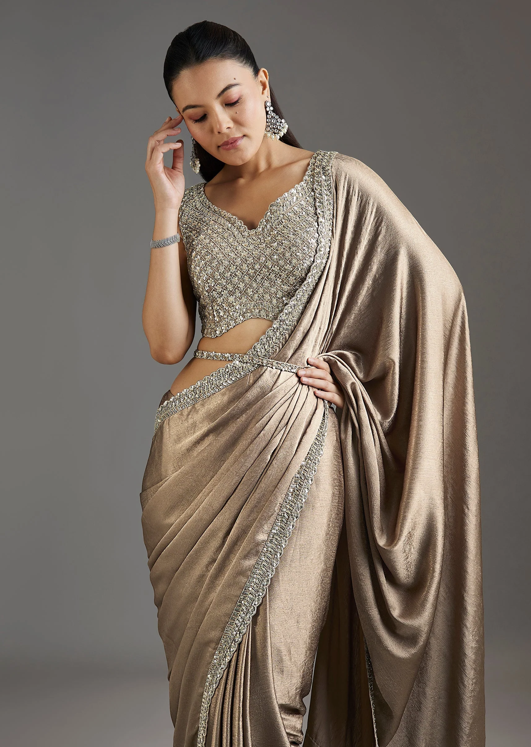 Beige Rose Gold Chiffon Saree With Embellished Border