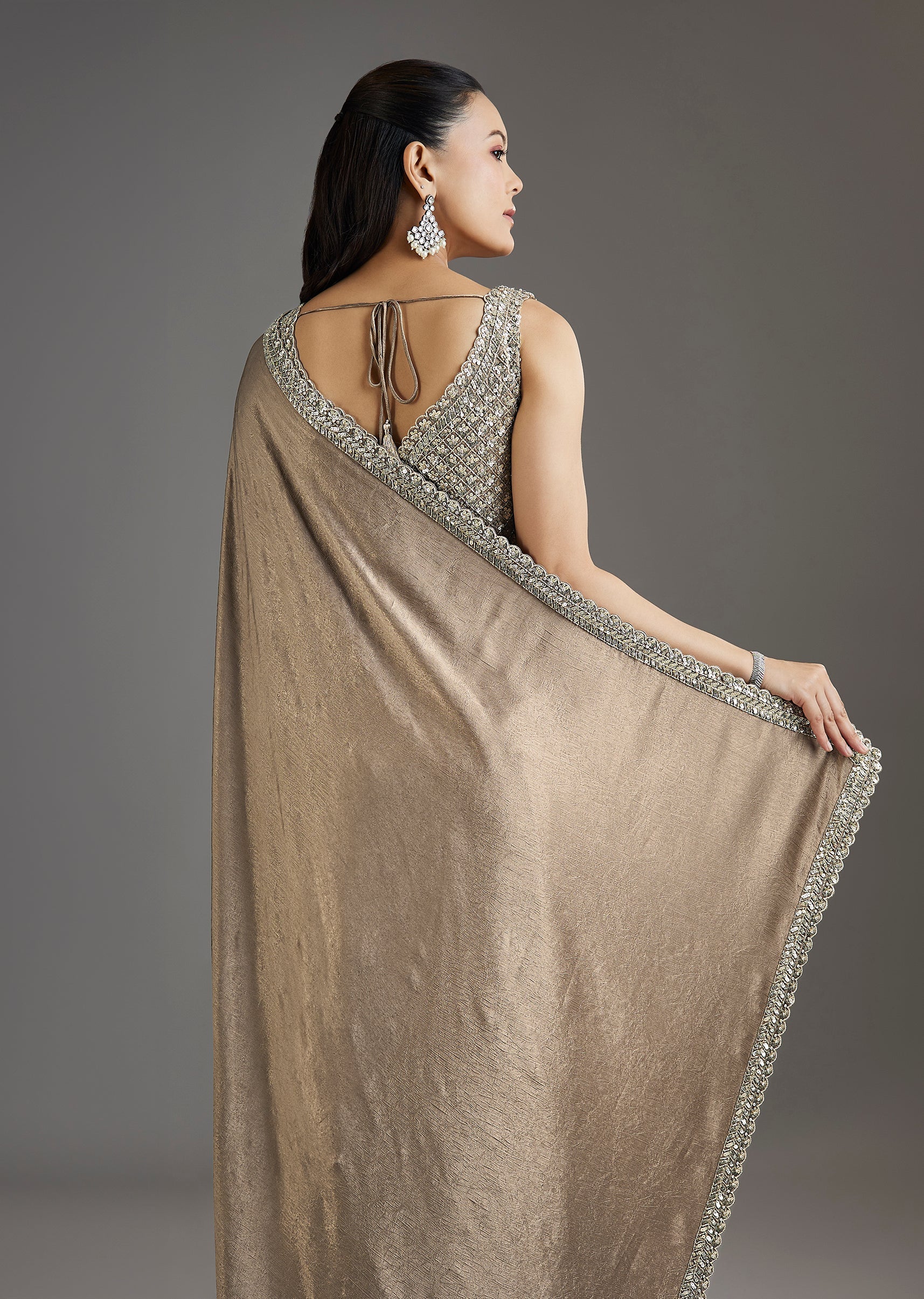 Beige Rose Gold Chiffon Saree With Embellished Border