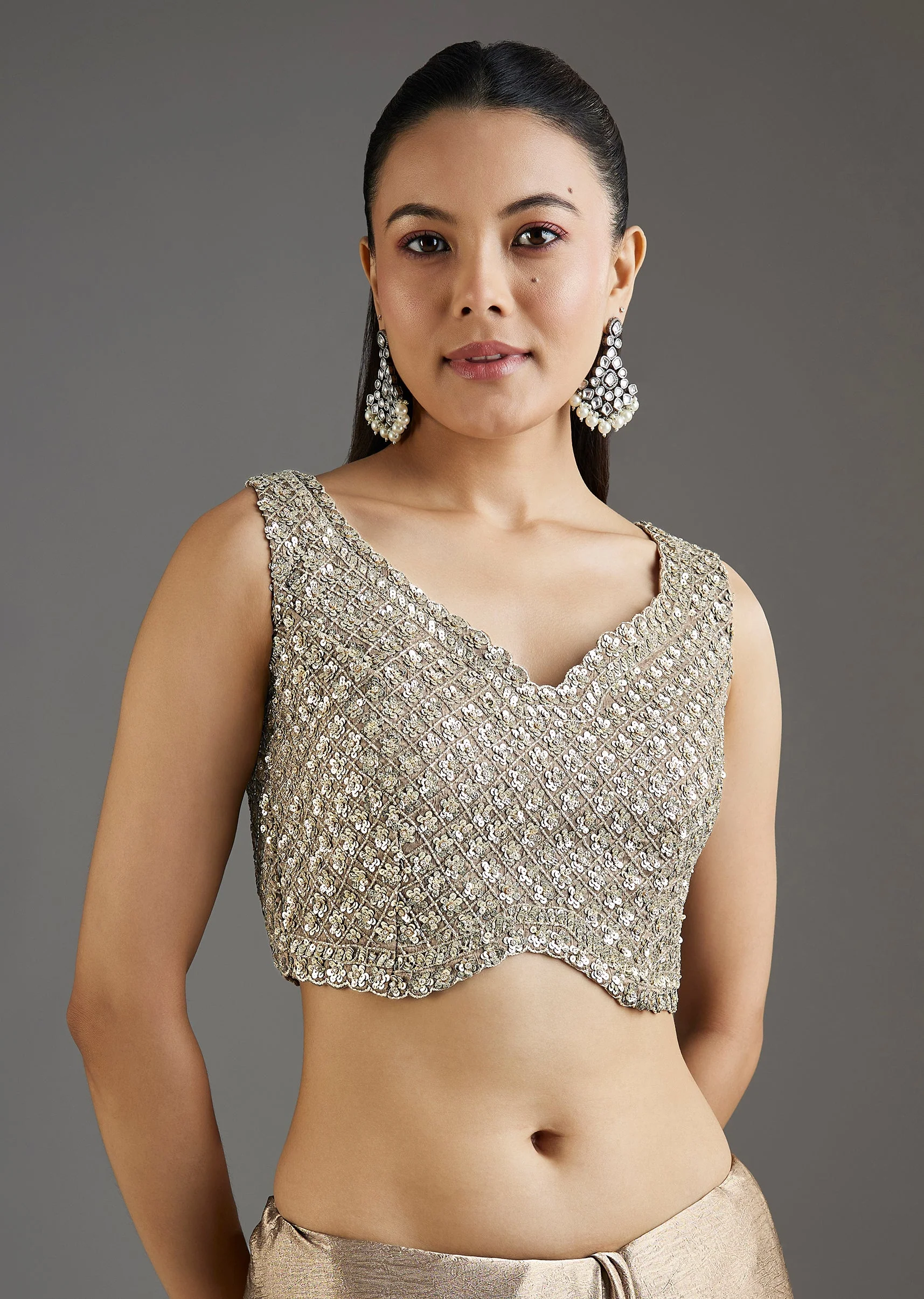 Beige Rose Gold Chiffon Saree With Embellished Border