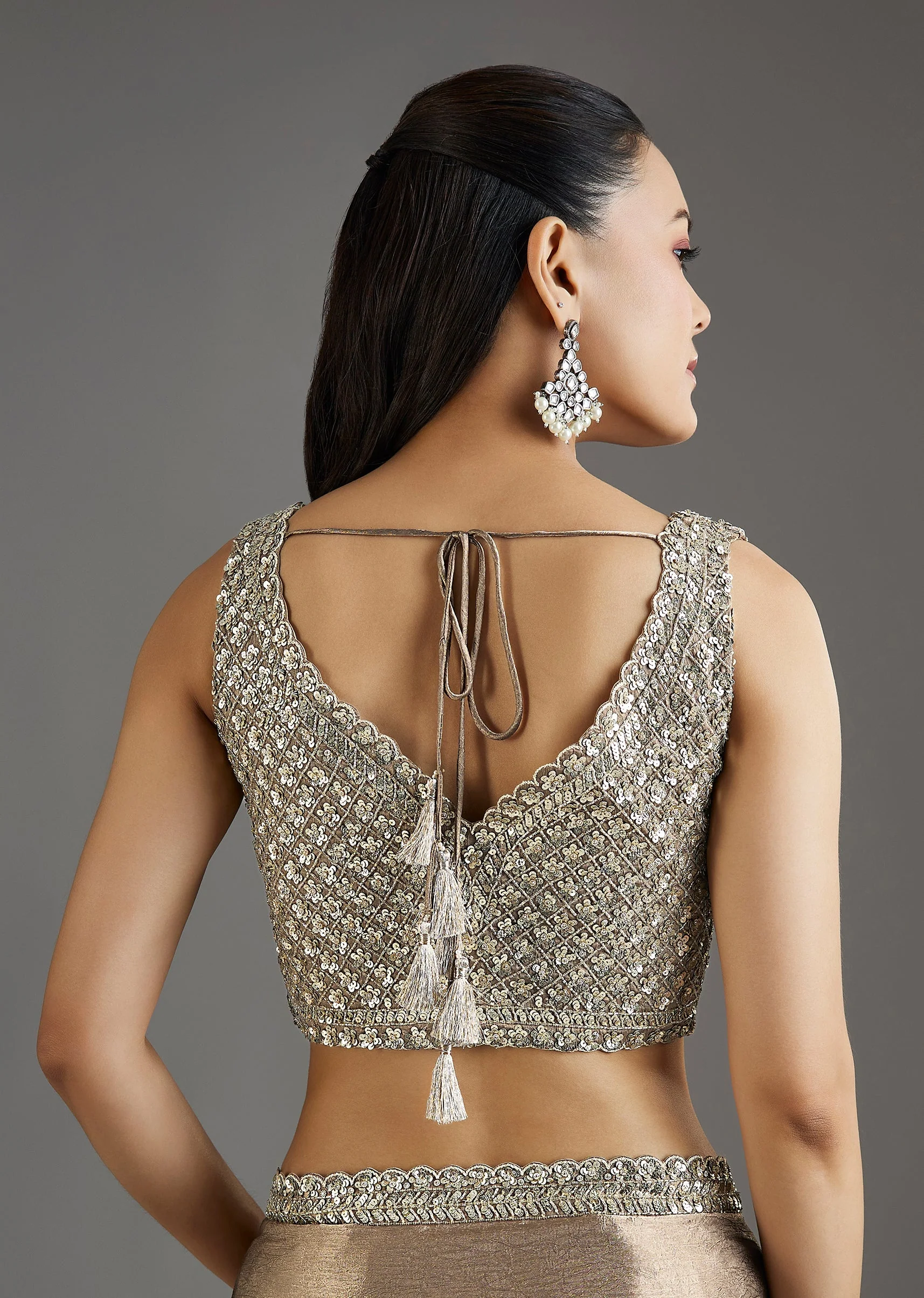 Beige Rose Gold Chiffon Saree With Embellished Border