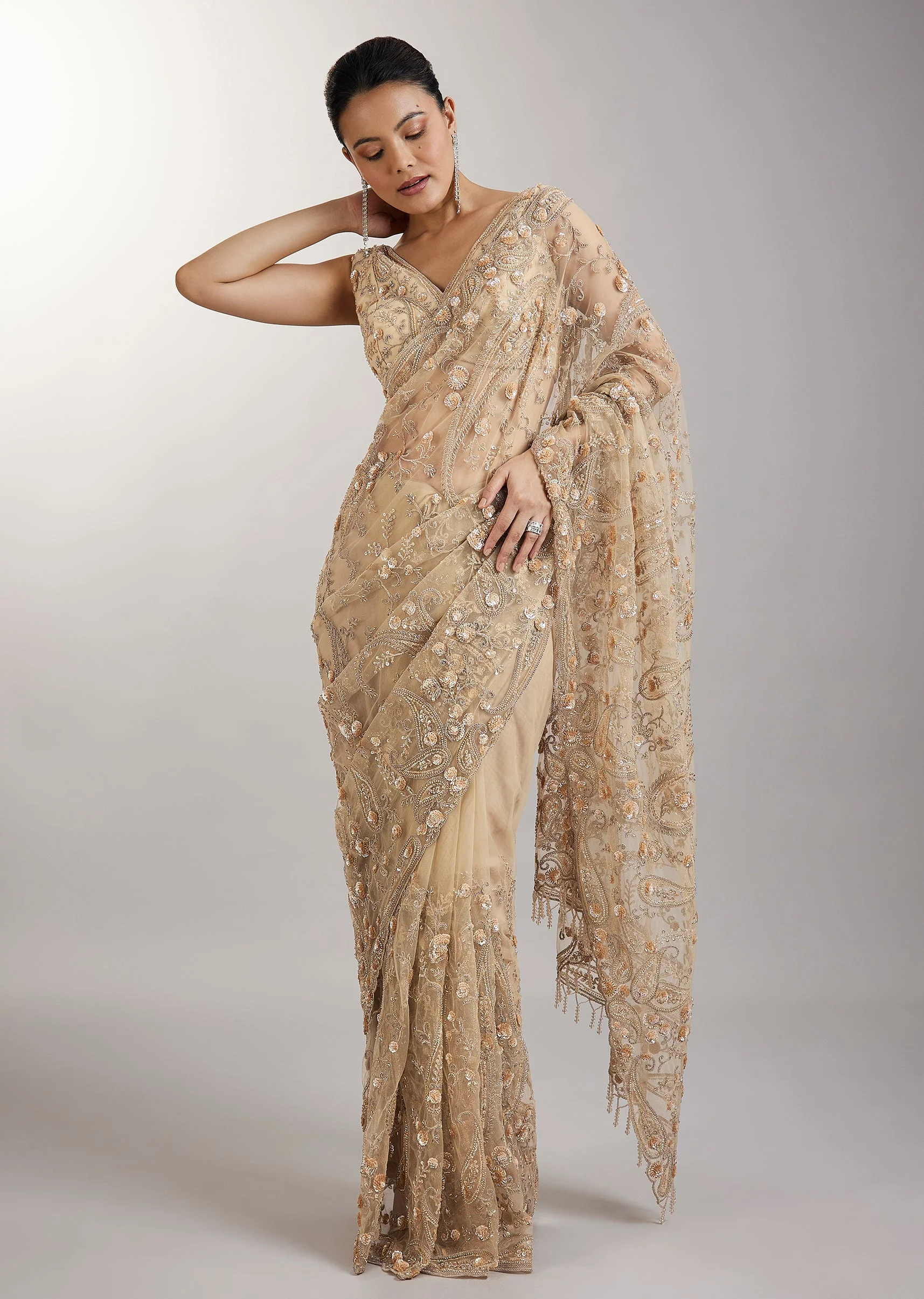 7161-gold-sequin-embellished-net-saree-1.webp Gold Sequin Embellished Net Saree