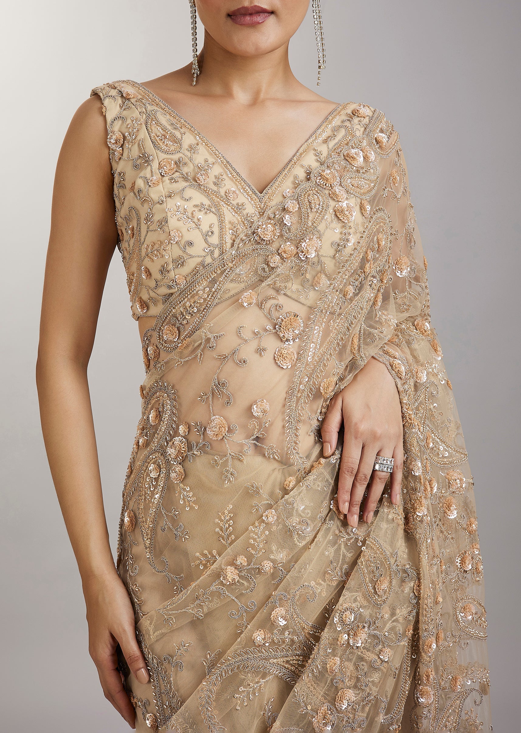 Gold Sequin Embellished Net Saree