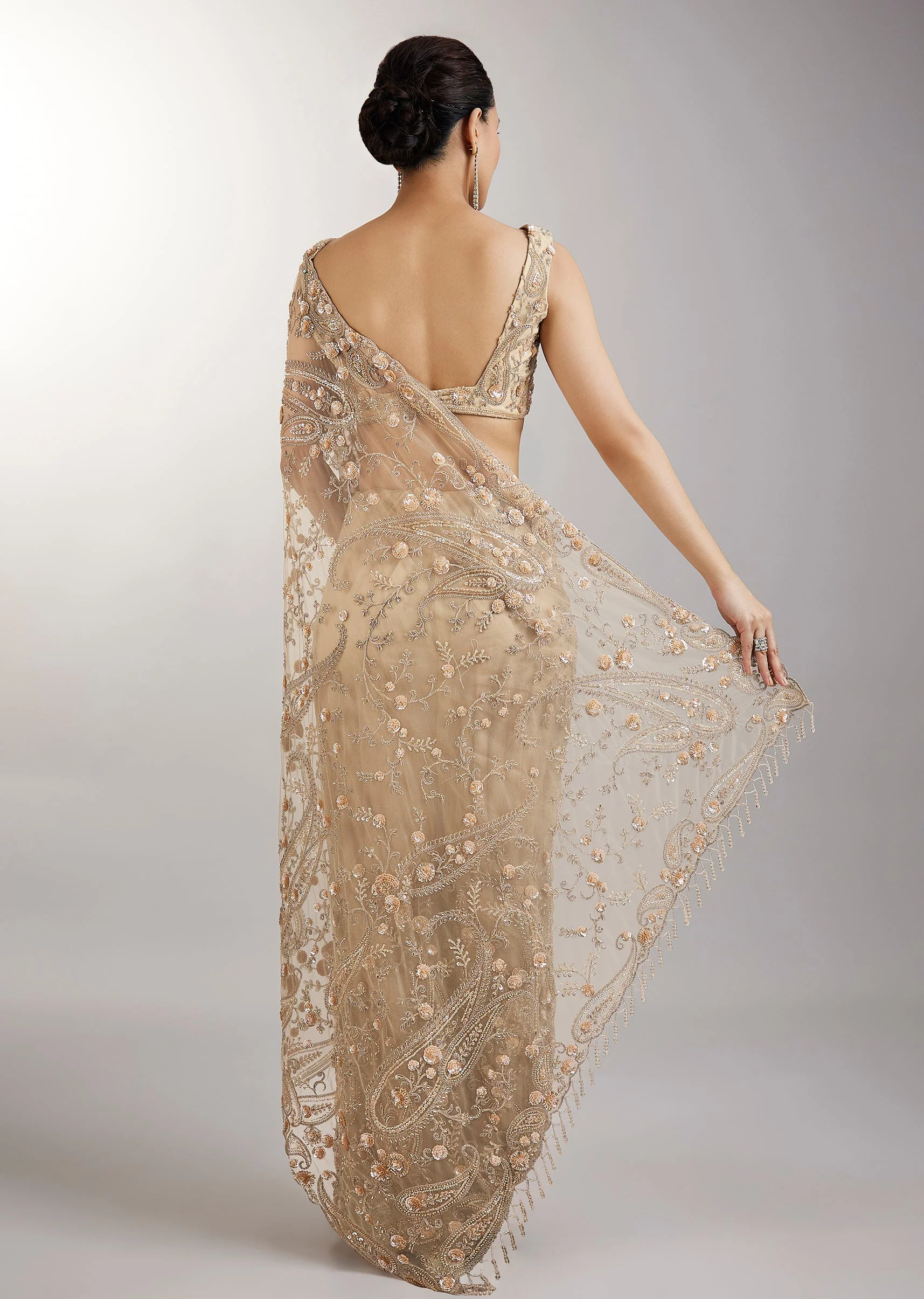 Gold Sequin Embellished Net Saree