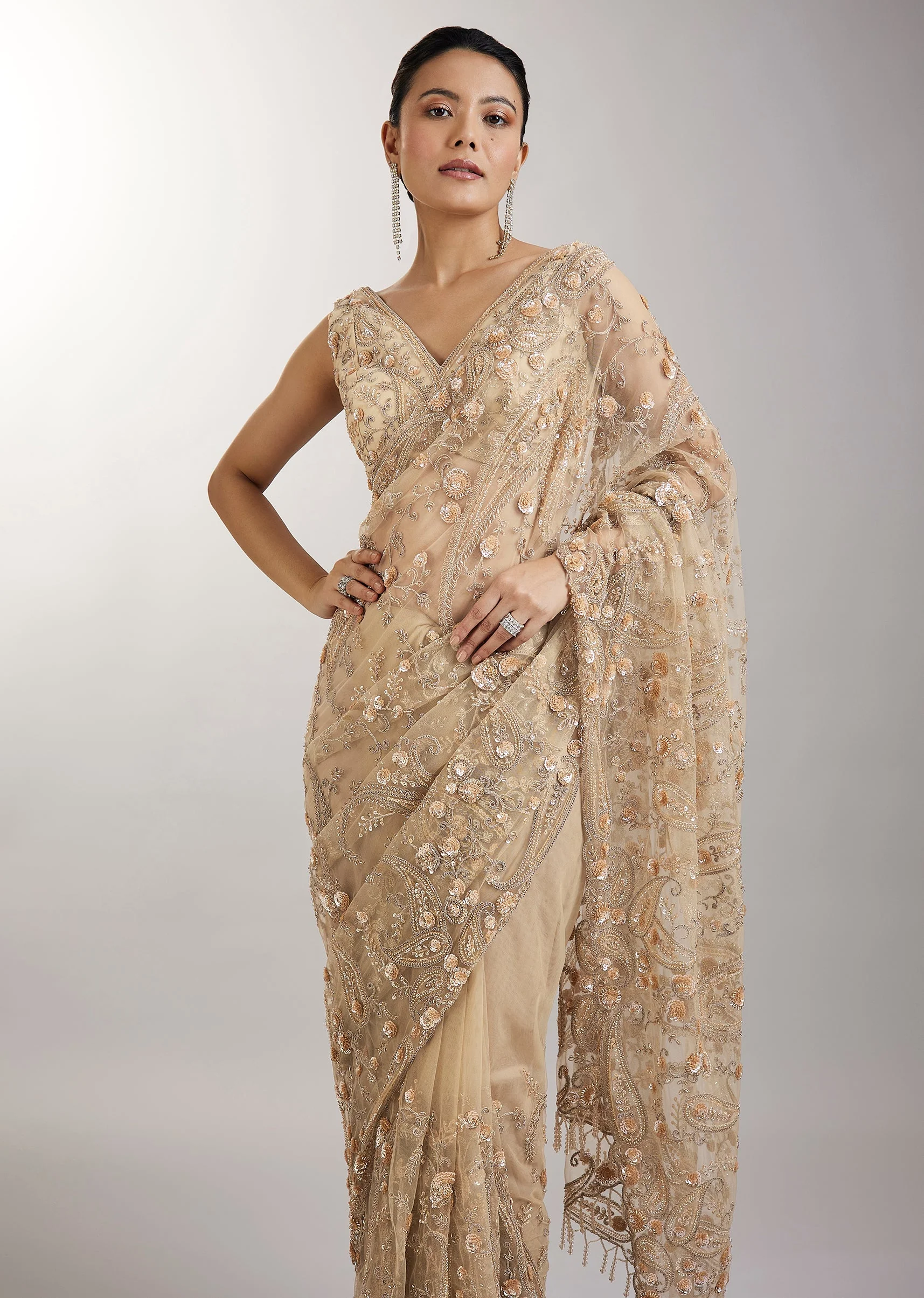 Gold Sequin Embellished Net Saree