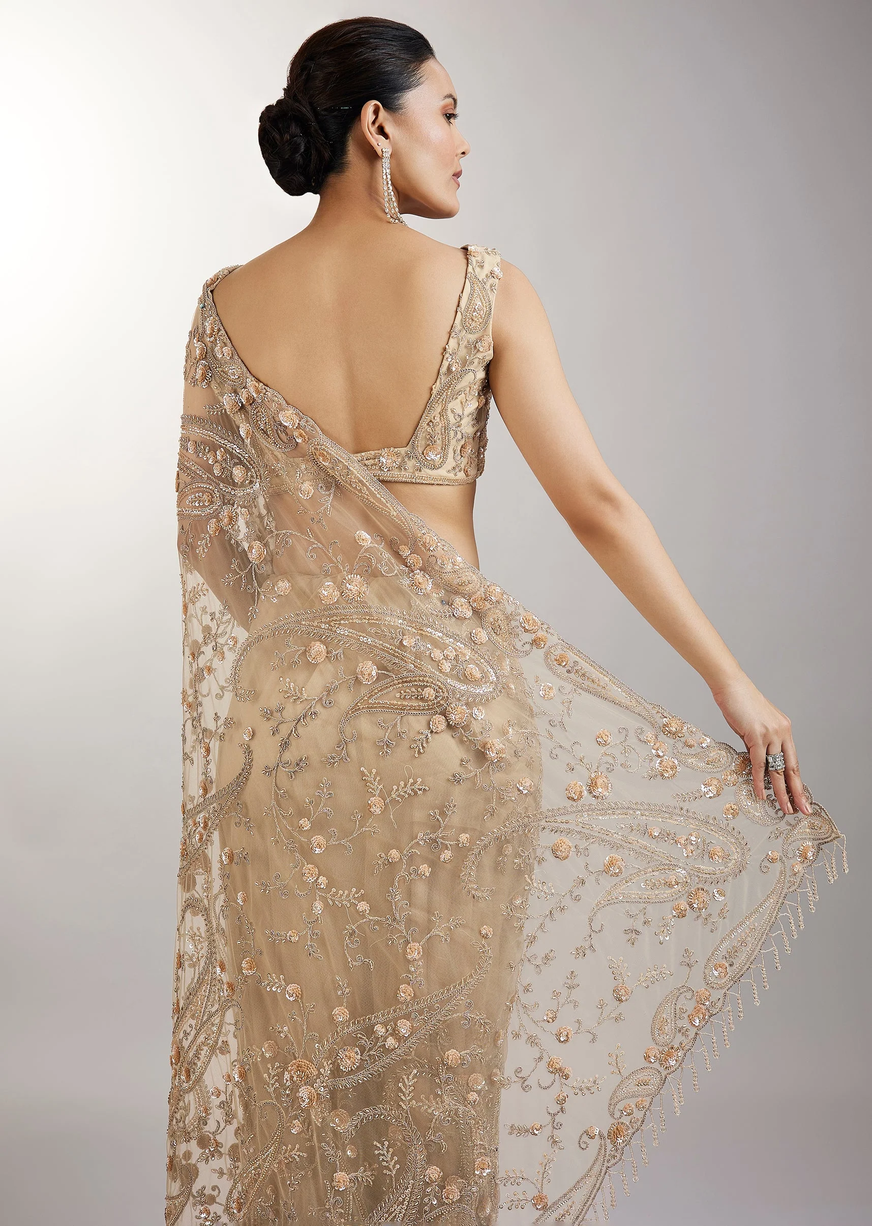 Gold Sequin Embellished Net Saree