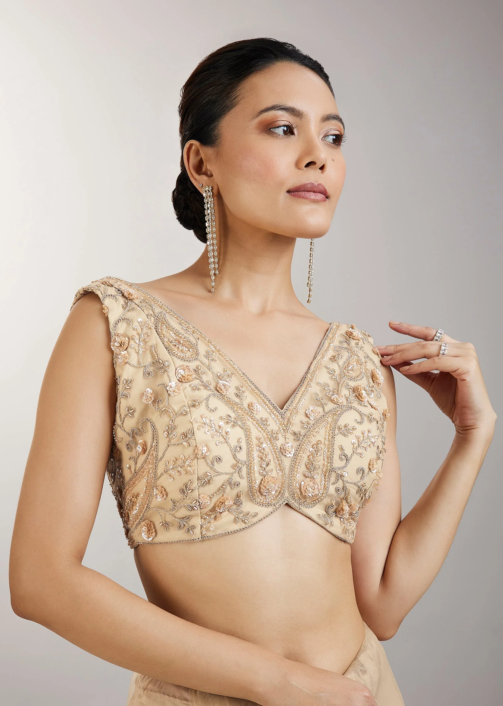 Gold Sequin Embellished Net Saree