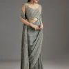 Grey Metallic Green Crepe Saree With Embellished Border