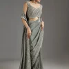 Grey Metallic Green Crepe Saree With Embellished Border