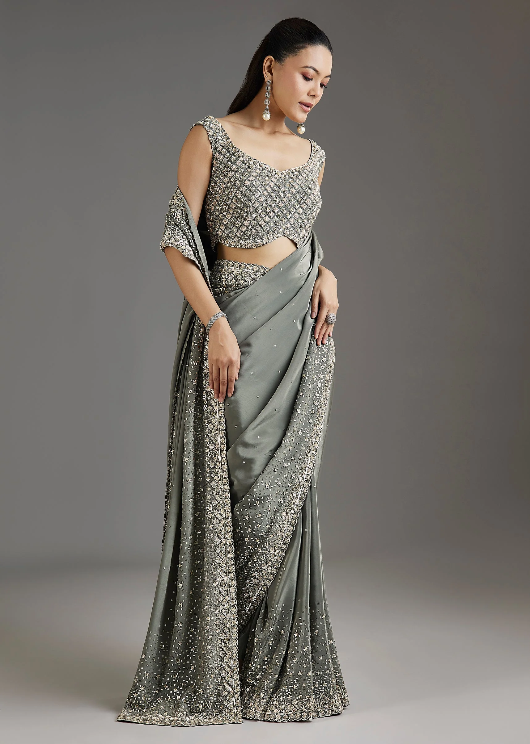 Grey Metallic Green Crepe Saree With Embellished Border