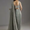Grey Metallic Green Crepe Saree With Embellished Border
