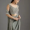 Grey Metallic Green Crepe Saree With Embellished Border