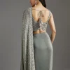 Grey Metallic Green Crepe Saree With Embellished Border