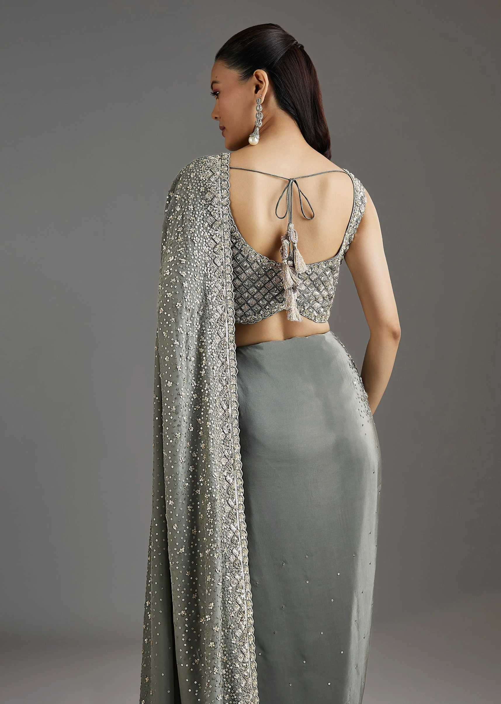 Grey Metallic Green Crepe Saree With Embellished Border