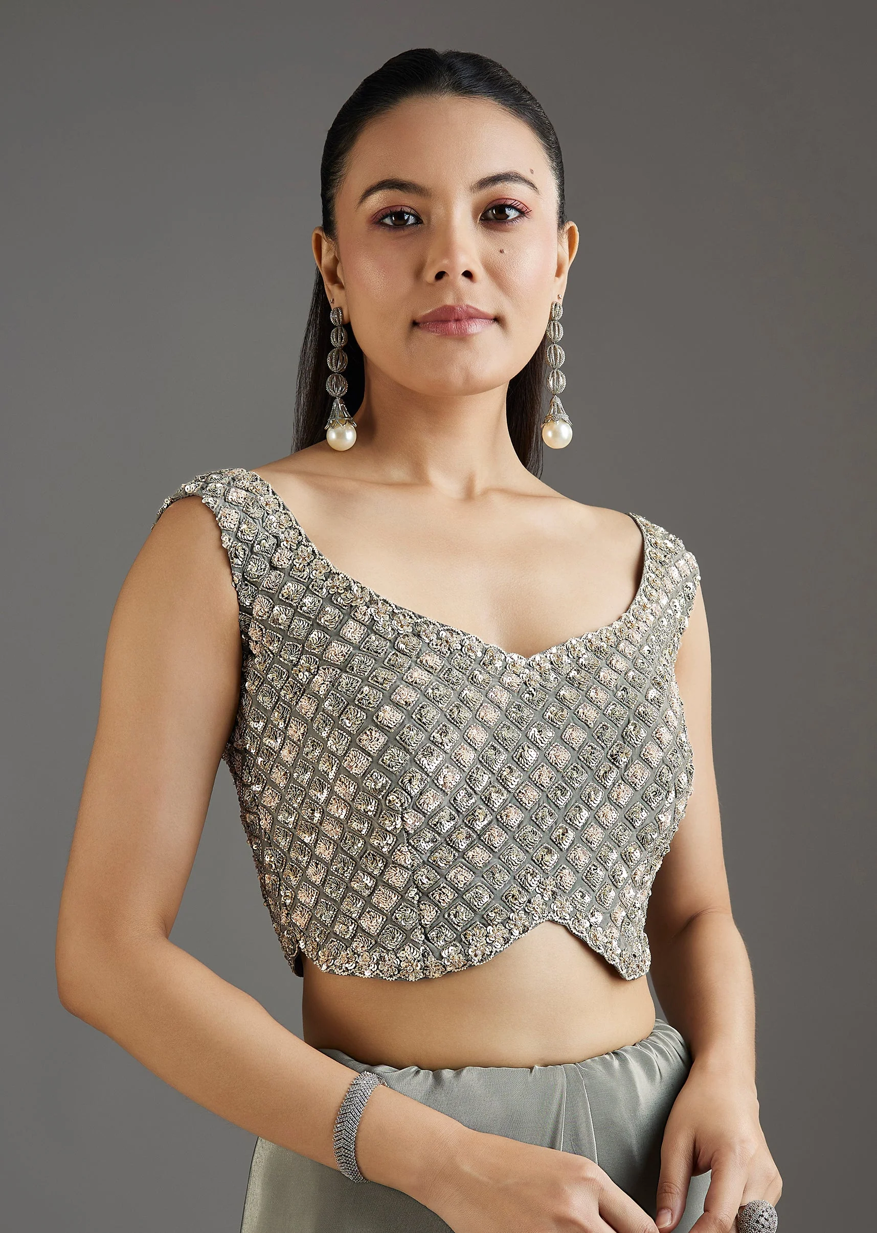 Grey Metallic Green Crepe Saree With Embellished Border