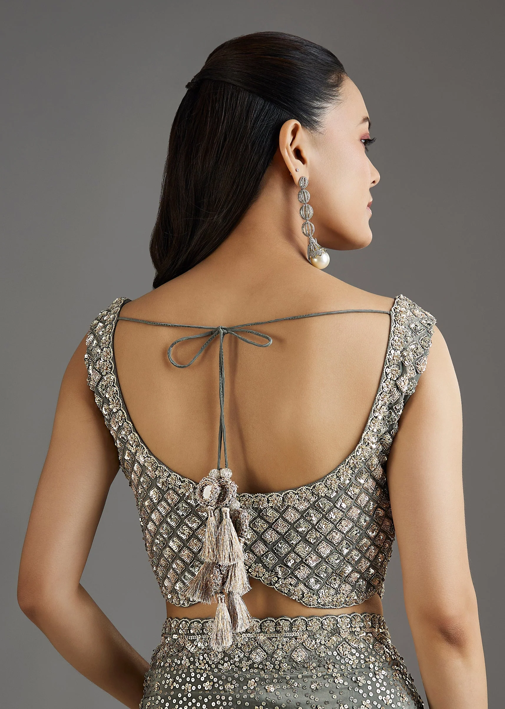 Grey Metallic Green Crepe Saree With Embellished Border